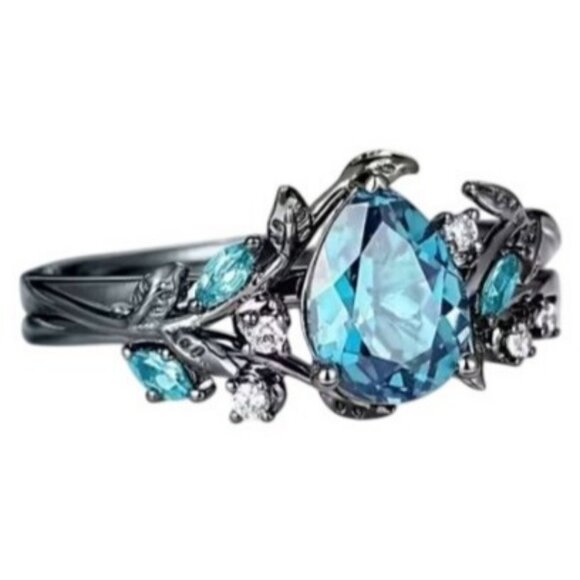 Pear Cut Blue Topaz & Moissanite 2 piece Bridal Wedding engagement ring Rhodium - Picture 3 of 5